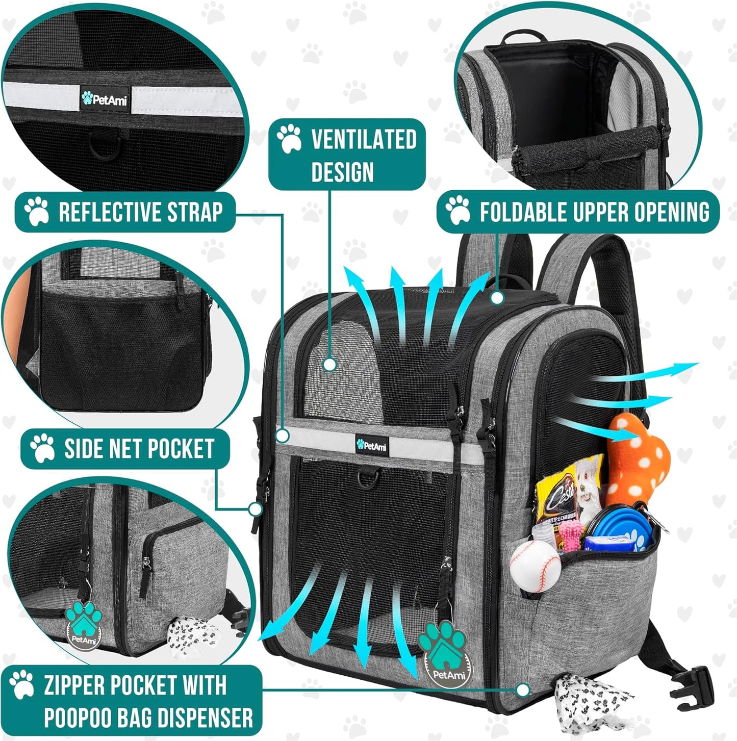 Dog Backpack Carrier for Small Large Cat, Pet, Puppies, Ventilated Pet Hiking Backpack Travel Bag, Airline Approved Cat Backpack Carrier, Safety Back Support, Camping Biking, Max 18 Lbs, Grey