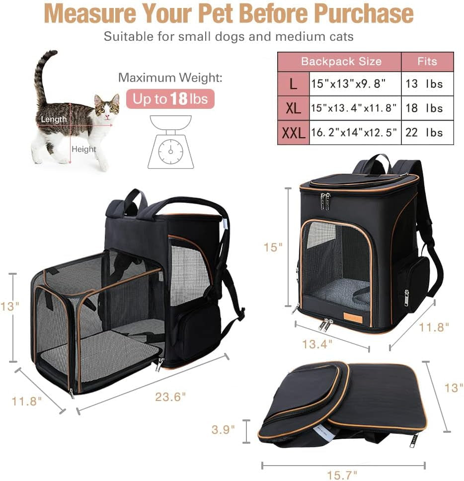 Large Cat Backpack Carrier Expandable Pet Carrier Backpack for Small Dogs Medium Cats Fit up to 18 Lbs, Foldable Puppy Backpack Carrier for Travel, Hiking, Black