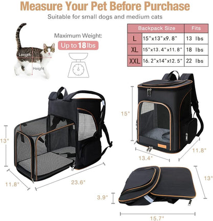 Large Cat Backpack Carrier Expandable Pet Carrier Backpack for Small Dogs Medium Cats Fit up to 18 Lbs, Foldable Puppy Backpack Carrier for Travel, Hiking, Black