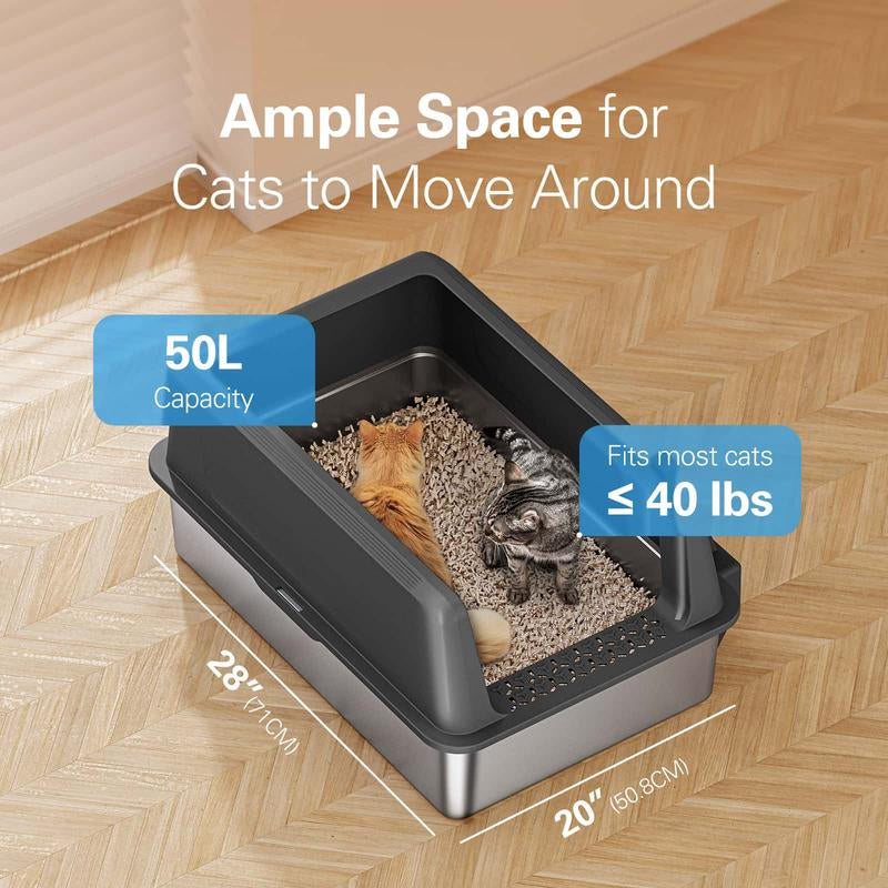 ANYCOO XXL Size 28 Inch Extra Large Capacity Stainless Steel Cat Litter Box for Big Multi-Cat Non Stick Cat Toilet Pet Products Odor Free Litter Pan with Lid Removable Top Cover Effortless Cleaning