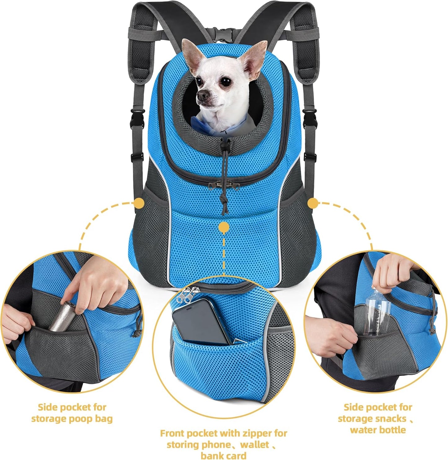 Pet Dog Carrier Backpack Small Dog Front Backpack Ventilated Dog Carrier Back Pack with Storage Pockets, Adjustable Straps & Safety Belt for Travel Hiking Outdoor (Size S: 2-4.5 Lbs, Blue)