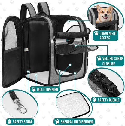 Dog Backpack Carrier for Small Large Cat, Pet, Puppies, Ventilated Pet Hiking Backpack Travel Bag, Airline Approved Cat Backpack Carrier, Safety Back Support, Camping Biking, Max 18 Lbs, Grey