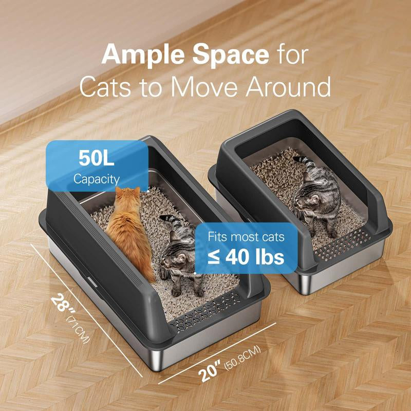 ANYCOO XXL Size 28 Inch Extra Large Capacity Stainless Steel Cat Litter Box for Big Multi-Cat Non Stick Cat Toilet Pet Products Odor Free Litter Pan with Lid Removable Top Cover Effortless Cleaning